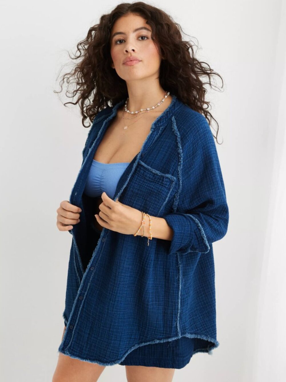 Blue Gauze Button-Down Shirt Jacket - Relaxed Oversized